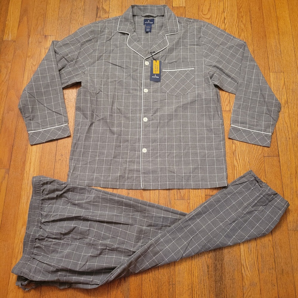 Stafford L Pajama Set Gray Windowpane Cotton 2pc Gray Window Pane